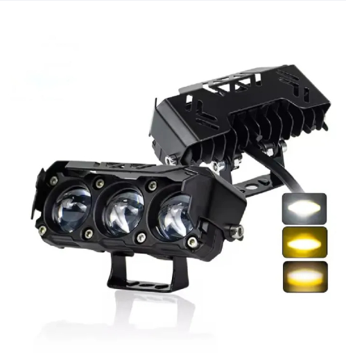 3-Lens LED Fog Light with Hood for Bike, Car & Truck | Dual Color Yellow & White Ultra Bright Driving Light | Flash Mode, Waterproof Aluminum Body | Universal 12V–80V Super Bright Projecto