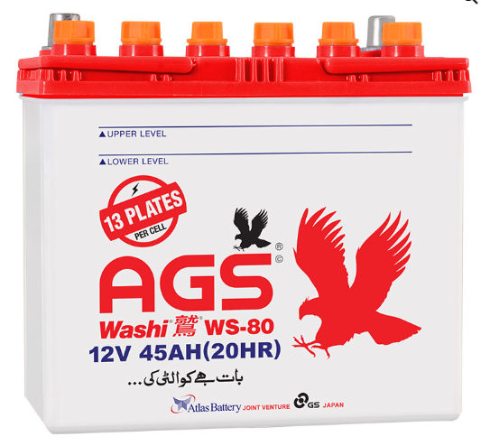 AGS WS 80L Battery – 45Ah – 13 Plate – Original Dry Battery – With/Without Acid Option – Car/UPS/Solar Compatible