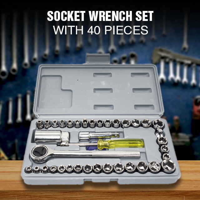 AIWA 40pcs Socket Wrench Set Heavy Duty Tool Kit for Home Garage Car Motorcycle Repair Hand Tool Set Box Multi Purpose Metric and SAE Sockets with Ratchet Handle Extension Bar Mechanical Wor