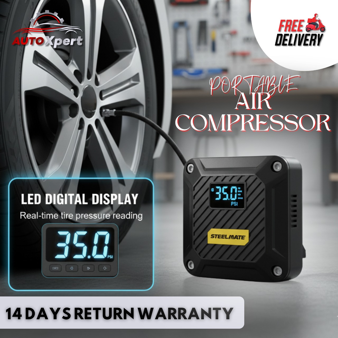 AutoXpert Compressor Pump - Portable Electric Air Pump with LED Pressure Display, Auto Shut-Off Function, Fast Inflation, and Multi Nozzle Adapters - Heavy Duty Compact Design for