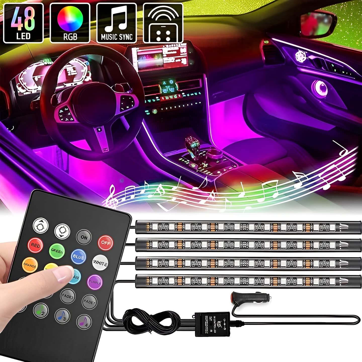 Car Motorcycle Interior Floor Decorative Atmosphere Remote Control Ambient Multi Color 12 SMD Light Decor Lamp, Automobile Interior Colorful Neon LED Strips, Bikes Decoration Light