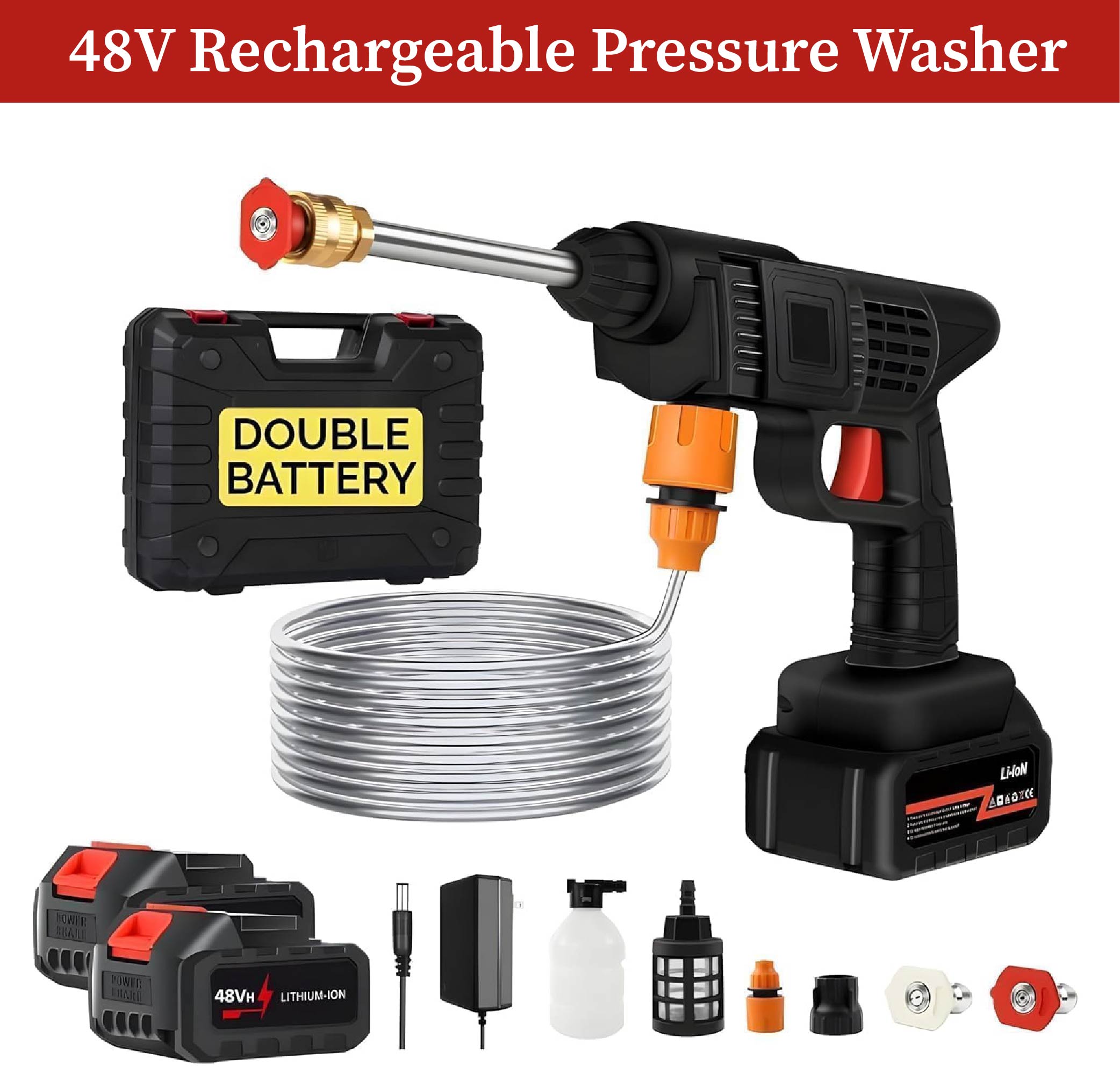 Double Battery Rechargeable Pressure Washer Gun 48V Portable Cordless High Pressure Washer Gun – Electric Power Washer with Battery, Foam Bottle & Multi Nozzles for Car, Bike, Wall