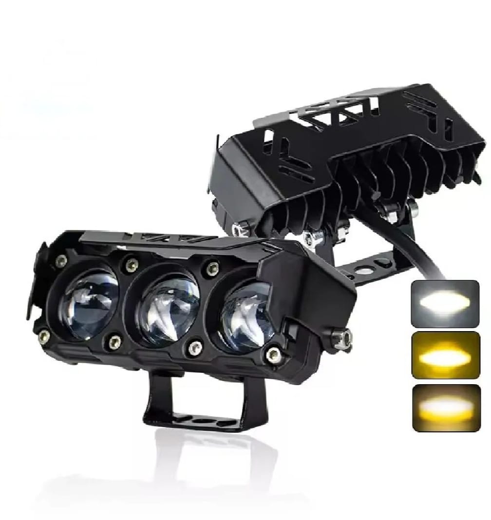 Fog Light 3-Lens LED with Hood Light - Ultra Bright Dual Color Yellow / White, Flash Mode, Easy Fit for Bumper, Waterproof Aluminum Body, Universal 12-80V Light for Bike, Car, Truc