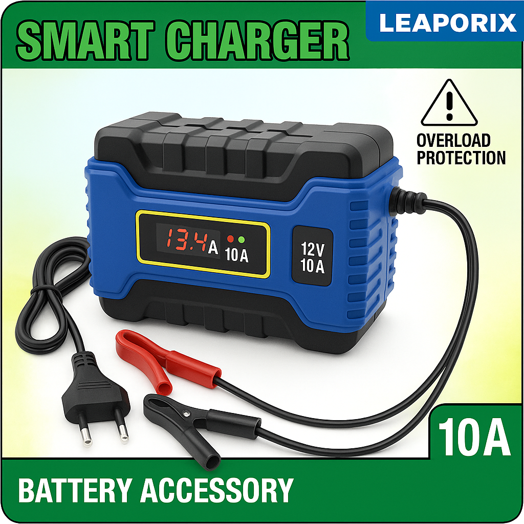 LEAPORIX EZEE 12V 10AMP Smart Battery Charger / Fast Charging for Car, Bike, UPS & Solar / Auto Cut-Off & Overload Protection