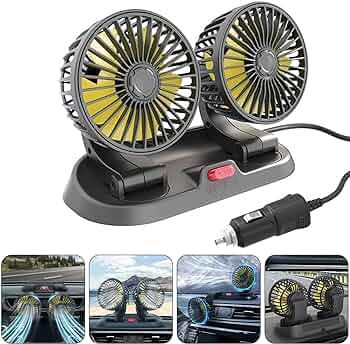 LOVMOTO Universal Car Fan, 12V Portable Cooling Fan 360Adjustable Dual Head Cooling Air Car Fan with Variable Speed, Portable Vehicle Fan with Strong