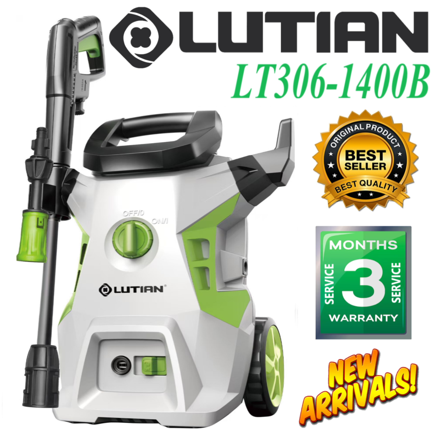 LUTIAN - LT306-1400B -110 BAR HIGH CAR PRESSURE WASHER - 1400 WATTS - AUTO START - SELF PRIMING - PORTABLE - 2 IN 1 GUN ( LONG & SHORT)